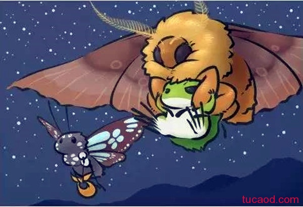 大飞蛾抓着旅行青蛙飞翔的图