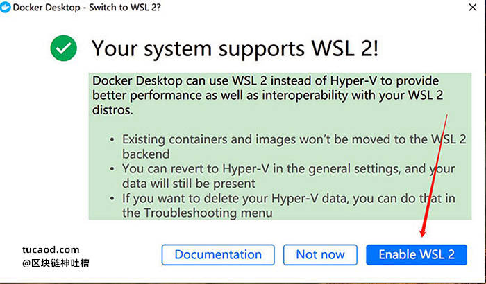 wsl2 按正常方式打开Docker，按照系统提示操作即可@pi币节点