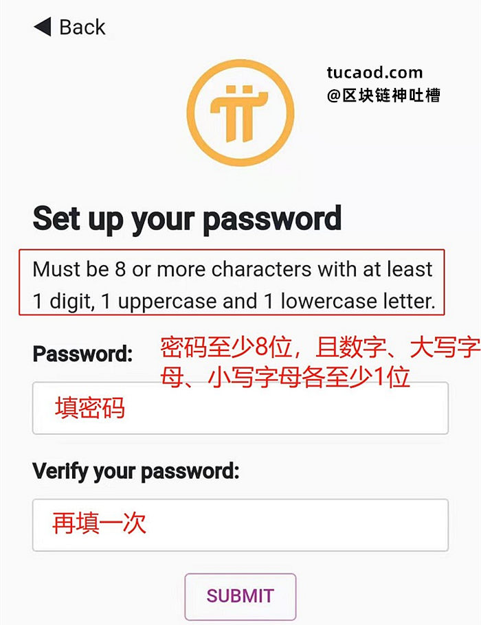密码建议至少8位，数字、大写字母、小写字母都至少有一位-pi币注册流程全中文图解