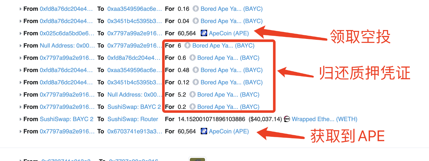 接下来将这12个Bayc领了60K Ape，之后， 再将对应的token还给平台。