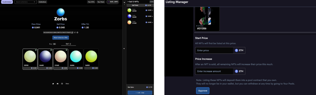 sudoswap上卖出NFT同样有两种方式，快速卖出(Sell）和挂卖单（List)