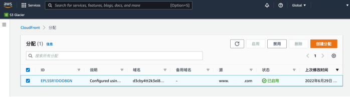 亚马逊CloudFront的后台界面，会看到这里列出了一个“分配”，这就是WPAdmin插件为WordPress网站自动创建的CDN分配。