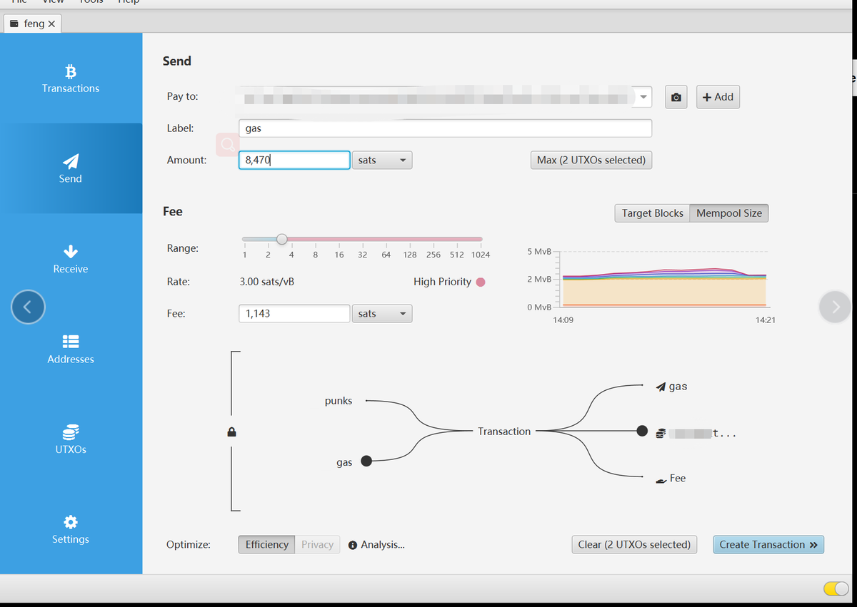 然后去UTXOS把两个地址都勾选，选择send。不要选mix。你会看到这样的情况。 amount填入的是我Punks的全部8470sats。GAS钱包用来付gas并自己移动到我的另外一个地址。这不重要。你只要路线弄成我这样就没问题了。然后创建交易，签名广播。 切记如果有贵重NFT先拿个便宜的来试试再操作。