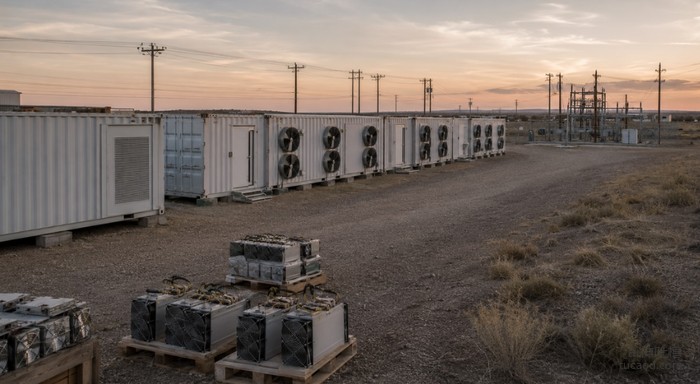 德州Pyote矿场实景:集装箱式矿机在West Texas日落下的废弃场景