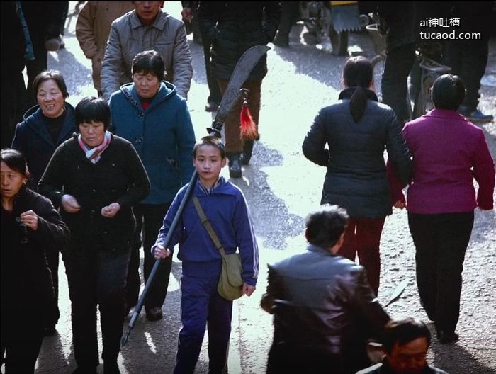 山河故人评价_时空和人心的变化_迷人的导演贾樟柯_木鱼微剧场_木鱼水心|乐的钥匙,第三段到了他的脖子上。而第一段耍关公大刀的少年,在第二段中也有成年的形象与之对