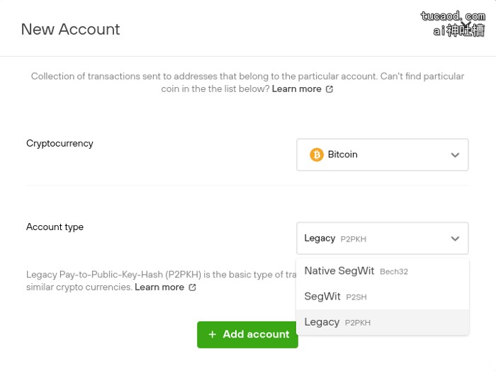 加密货币钱包新建账户界面截图，Bitcoin币种选择下拉菜单及Legacy P2PKH Native SegWit SegWit地址类型选项