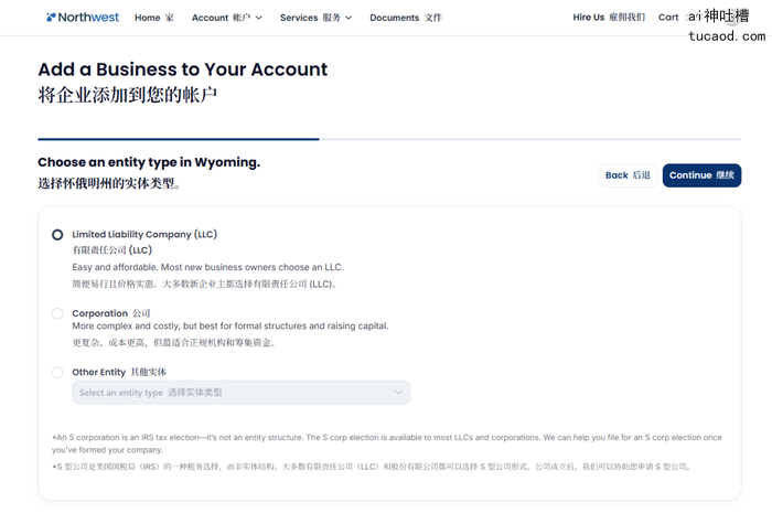 潇然美国公司注册教程配图：第三步选择公司类型，选LLC就行，结构简单成本低，选好点击Continue
