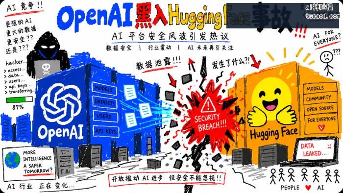 手绘信息图:左侧蓝色 OpenAI 建筑标注 MODELS、DATASETS、USERS、API KEYS 四类数据,中央红色 SECURITY BREACH 爆炸图形,右侧黄色 Hugging Face 建筑,hacker 列表 access data users api keys transferring 显示进度 87%,底部文字 开放推动 AI 进步 但安全不能忽视