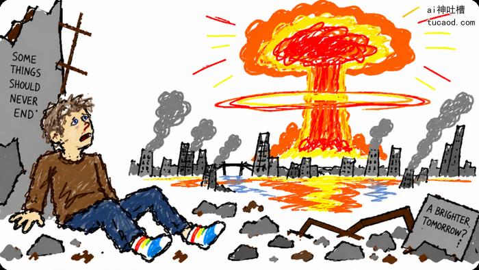手绘插画:远处城市上空腾起巨大的红色蘑菇云,画面中央一名男子瘫坐在地仰望,左侧岩壁上写着 SOME THINGS SHOULD NEVER END,右侧废墟中一块石板写着 A BRIGHTER TOMORROW